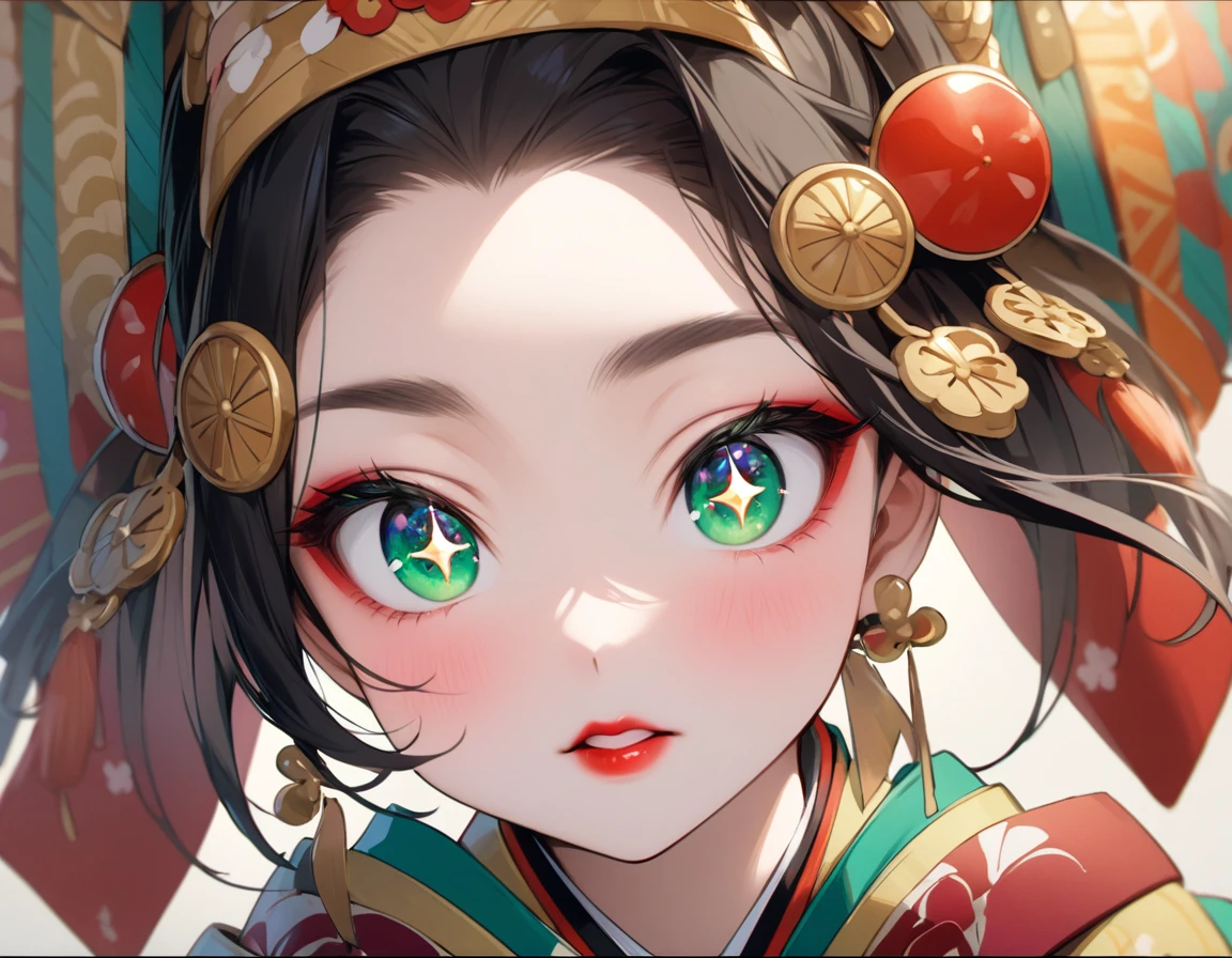 Japanese Oiran、１People Women、Emerald green eyes、Beautiful eyes、Big eyes、Sparkling eyes、Red lips、Beautiful Japan hair ornament、Face close-up、