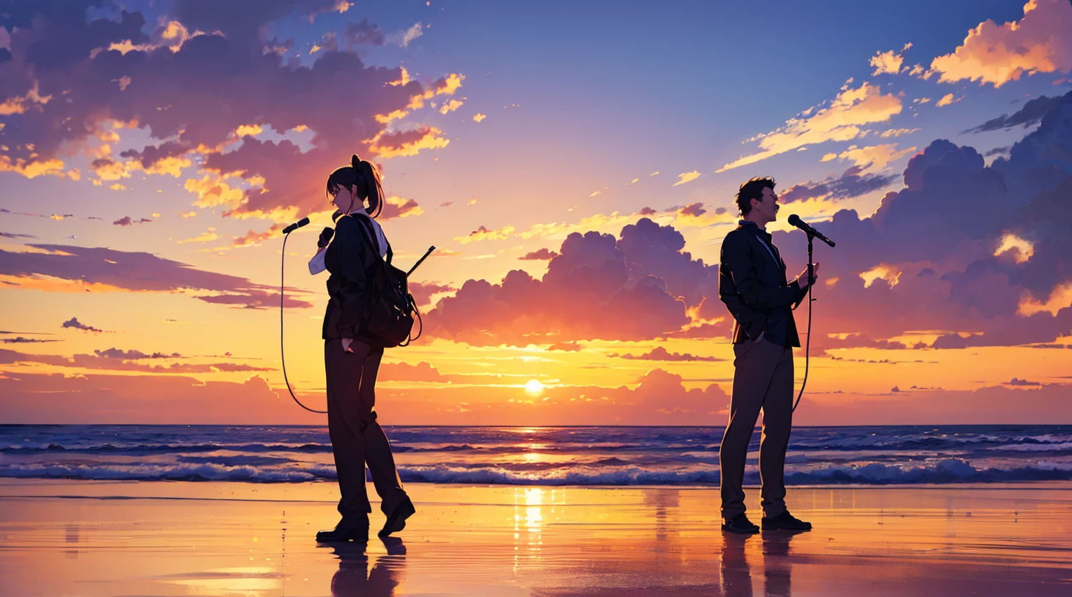 A man and a woman singing with a microphone under the sunset sky。Two people standing back to back