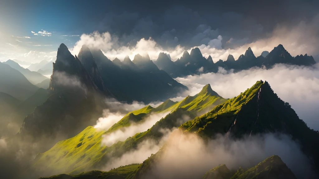 (Tyndall effect), landscape, mountainous landscape of China, mythical mountains, fog, sun rays piercing through the fog create beautiful light tyndall effects, mysticism, tranquility, film grain, 8k, lots of detail, raw photo,