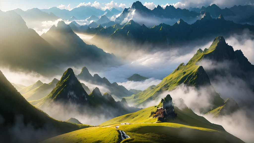 (Tyndall effect), landscape, mountainous landscape of China, mythical mountains, fog, sun rays piercing through the fog create beautiful light tyndall effects, mysticism, tranquility, film grain, 8k, lots of detail, raw photo, 