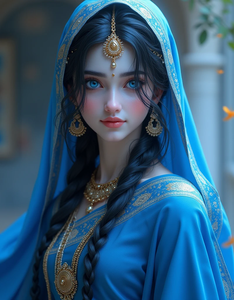 Radharani with white skin tone and shining blue eyes like sun, , in dark blue saree, black hairs, hairs tied in indian way, innocent face, with powerful effulgence, mercyful, most beautiful, 3d octane render art style