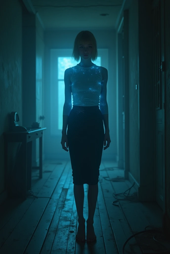 (photorealism:1.2), beautiful woman, swedish, blonde,sad, pensive, assistant, pencil skirt, 18yo, haunted house, wooden floor, blue lighting, hologram, projection,looking at camera, short hair, glowing blue around her face and under skirt
