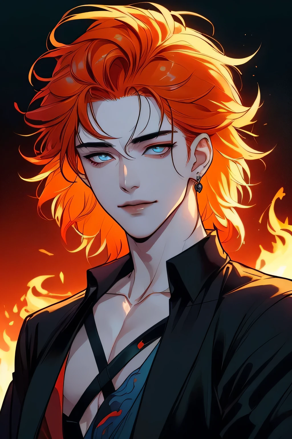 anime man in night city, attractive man with желтые глаза глаза while щурясь, adult man, orange hair, black loose shirt, (((No jewelry on clothes))), beautiful detailed eyes,  (Best quality,4K,8 thousand.,a high resolution,masterpiece:1.2), Ultra detailed, bright colors, dark lighting, cinematic, A sly smile on her face, katana in hand, Chinese inspired clothing, fire, fire hair