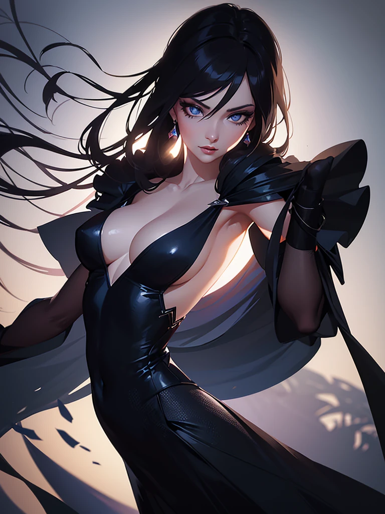 beautiful woman with black hair, detailed face, piercing blue eyes, full lips, long lashes, porcelain skin, elegant dress, graceful pose, cinematic lighting, dramatic shadows, vivid colors, photorealistic, 8k, high quality, art by artgerm and greg rutkowski