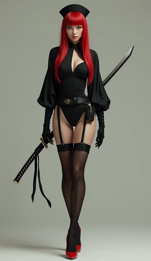 Super realistic, High Detail Face, Clean and delicate face, 1 lady, full body, black high cut leotard, black puff sleeves shirt, Black leather waist belt with accessory case, garter belts, black stockings, red stiletto heels, black gloves, Plain black nurse cap, Reddish long hair, blunt bangs, green eyes, iai, battōjutsu, grip a Japanese katana with right hand anatomically correctly, whole body, glaring at the viewer, simple color background
