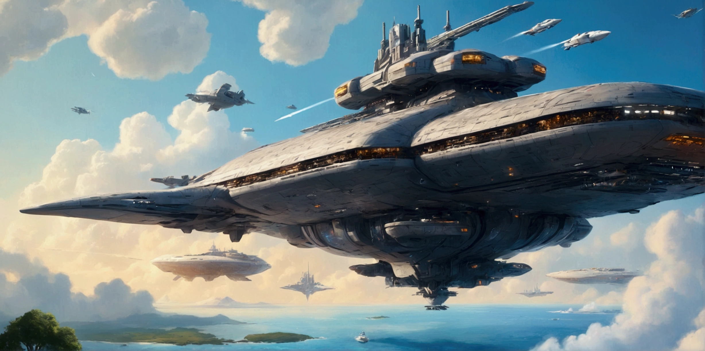A long wide giant heavily armored divine futuristic flying all terrain biomechanical space battleship covered in rainbow batik pattern and glowing javanese runic symbols, multiple retractable cybernetic spider legs with wheels on the tip, divine halo, flying hovercraft, flying submarine, flying aircraft carrier, flying hotel, flying resort, flying city, flying skyscraper, flying cruise ship, flying yacht, flying castle, flying military base, multiple thrusters, multiple helipad, multiple propeller, mobile headquarters, mobile command center, automatic turrets, missile banks, missile defense system, multi-port rear engine arrays, large pivoted missile pods, anti-air batteries, reactive armour over vital spaces, VTOL thrusters, ventral ground-facing VTOL thruster bays, retractable center cannon, super carrier, sky carrier, space station, floating city, floating castle, white background