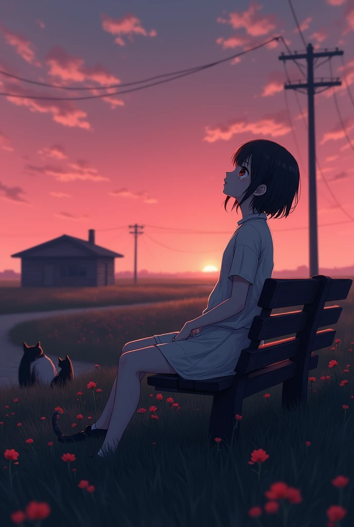 A anime character girl sitting on a bench roadside looking the sky and crying , some wood house , a cat sat, one pink sky, red flower, the field is dark ,black, the girl also colourless