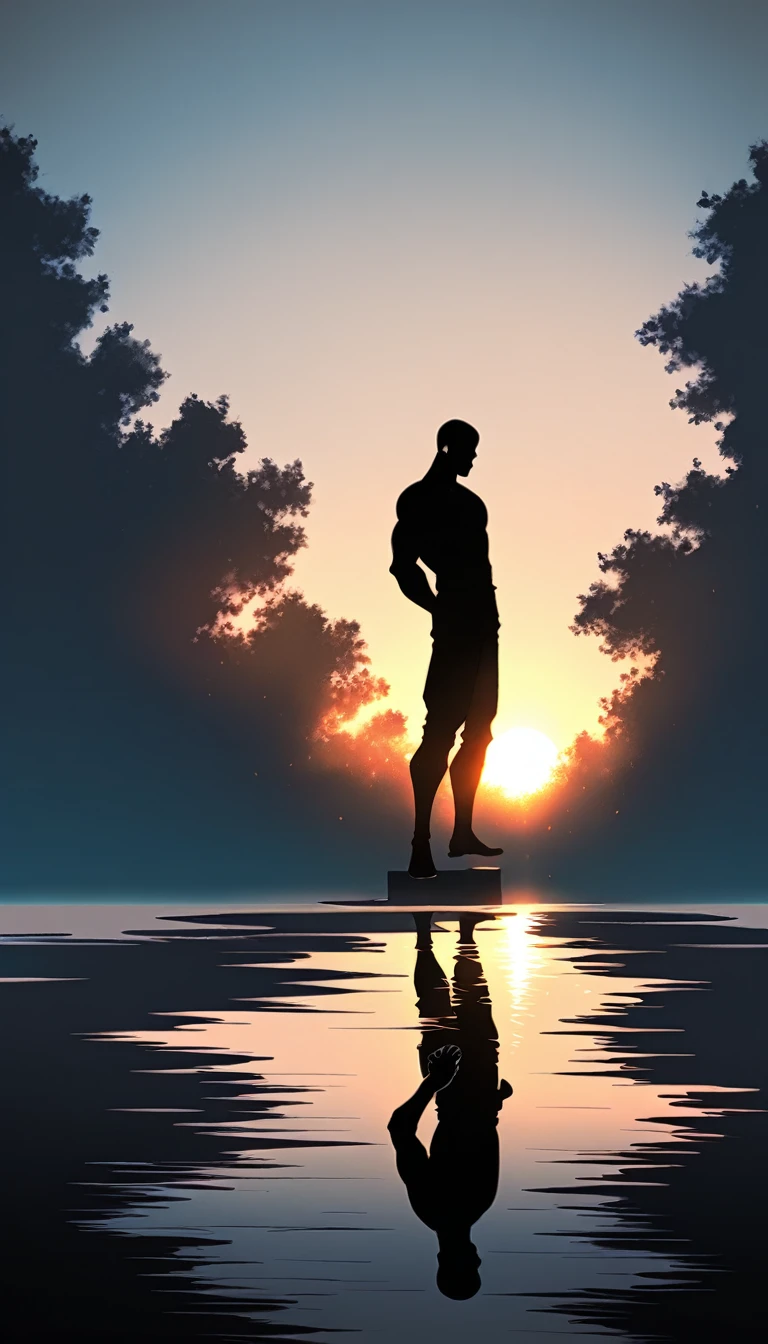 A man in a black bodysuit stands in the smoke, Priapus, Dark Black, Dark black skin, Buzz Cut, His muscles are very developed, Very tall, short hair, Blend into the smoke, Lake, Reflection, Sunset, Sunset, Man silhouette, Chinese, black and white, Simple style