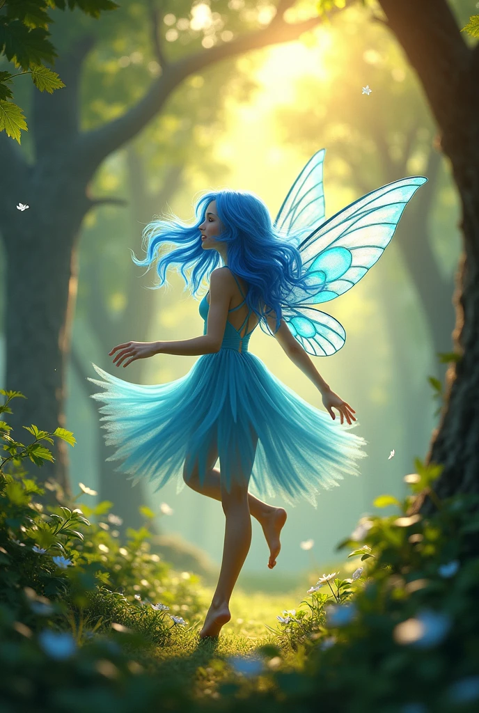 The sun's rays passed through the treetops, reflecting on the shining wings of a blue-haired fairy who flew happily among the branches.