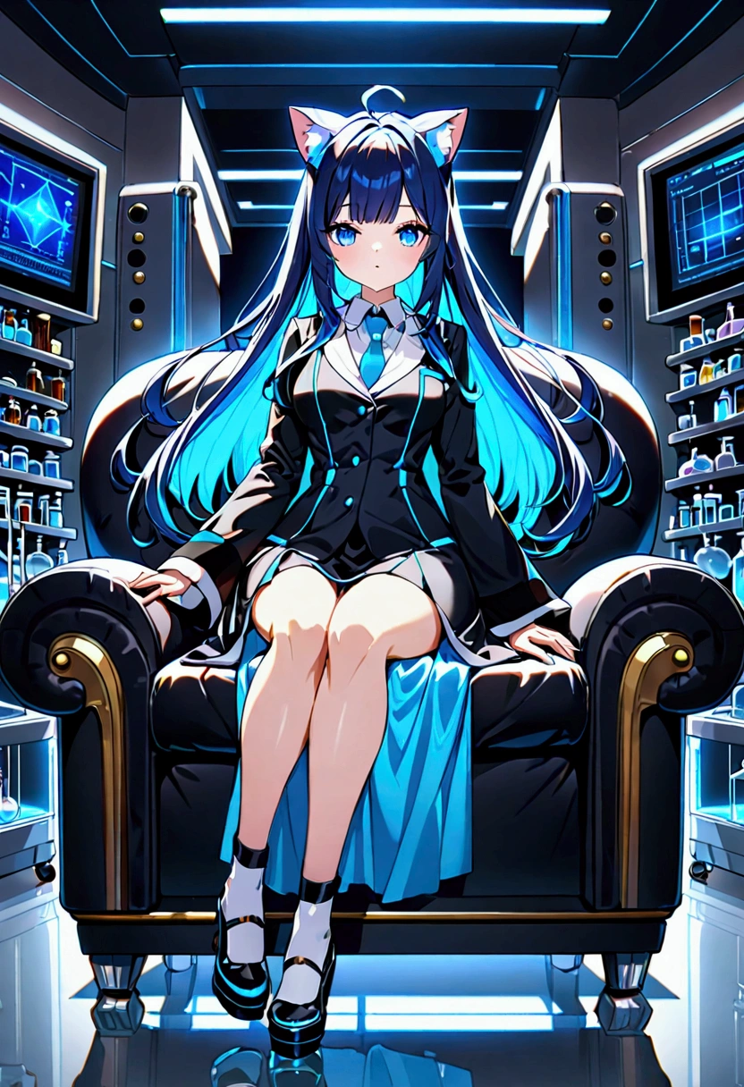 8K Ultra High-Quality, ultra-detailed, High quality, Dark Blue hair, Neon Blue Inner layer hair, Long hair, Cat ears, sitting on a coach, full body, laboratory background