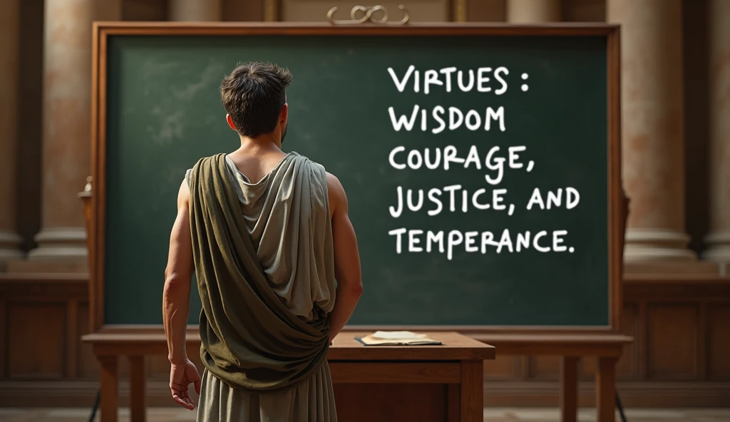 In a grand Roman study or library, a male stoic philosopher with a well-proportioned, attractive physique stands with his back to a large blackboard or chalkboard. He is dressed in a classic tunic in muted earthy tones—grey, brown, and olive green—with subtle openings at the shoulders. The philosopher’s posture is thoughtful and commanding, suggesting he is explaining or reflecting on the concepts written on the board. The blackboard features chalk-written terms, with the words "virtues: wisdom, courage, justice, and temperance" prominently highlighted in white chalk. The background includes elements of Roman architecture, such as Doric columns and a well-worn desk, enhancing the scholarly atmosphere. The lighting is focused on the blackboard, drawing attention to the highlighted virtues while casting a warm glow over the philosopher, underscoring the importance of these Stoic principles in his teaching.