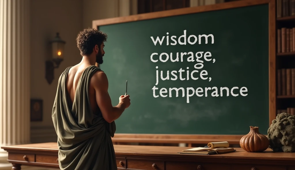 In a grand Roman study or library, a male stoic philosopher with a well-proportioned, attractive physique stands with his back to a large blackboard or chalkboard. He is dressed in a classic tunic in muted earthy tones—grey, brown, and olive green—with subtle openings at the shoulders. The philosopher’s posture is thoughtful and commanding, suggesting he is explaining or reflecting on the concepts written on the board. The blackboard features chalk-written terms, with the words "virtues: wisdom, courage, justice, and temperance" prominently highlighted in white chalk. The background includes elements of Roman architecture, such as Doric columns and a well-worn desk, enhancing the scholarly atmosphere. The lighting is focused on the blackboard, drawing attention to the highlighted virtues while casting a warm glow over the philosopher, underscoring the importance of these Stoic principles in his teaching.