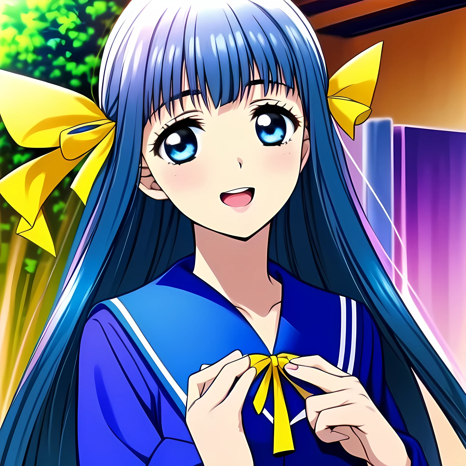 highest quality, (masterpiece:1.2), (A noble game heroine, beautiful noble intelligent heroine, Very detailed beautiful 16yo heroine's portrait of game CG, beautifully and artistically painted as cover of girl's magazine: 1.6), (She is turning quickly and looking at me: 1.0),  (A girl whom everyone loves because of her beauty and lovely fashion and graceful personality and noble manner. A refined and elegant look like a noble princess. : 1.4), (In fact she is a very intelligent succubus, trying to charm, enslave and absorb me with deeply thought out intelligent strategy!: 1.0), (Very beautiful, wavy, cutely shining super-super-long blue hair, with elegant hair ribbons with very good smell of female pheromones: 1.4), (Laughing very beautiful and shining sapphire-blue intelligent eyes with very long eyelashes which charms and enslave me inevitably, with detailed very well:  1.6), (The elegant, slightly open mouth and glossy wet lips of an anime heroine: 1.0), (Noble neat dark-navy-blue sailor-styled school uniform, and neat elegant dark dark-navy-blue pleats skirt, with a big yellow noble ribbon on the chest: 1.8), (Large but well figured breast: 1.0), (Laughing at me, but that gives a heavenly feeling of happiness with beautiful and great smiley noble face: 1.2), (The wind is blowing: 0.8), (She is touching me with her beautiful fingers, chewing me and absorbing everything from me just now: 1.5), (Evil sabbath night background: 1.2)