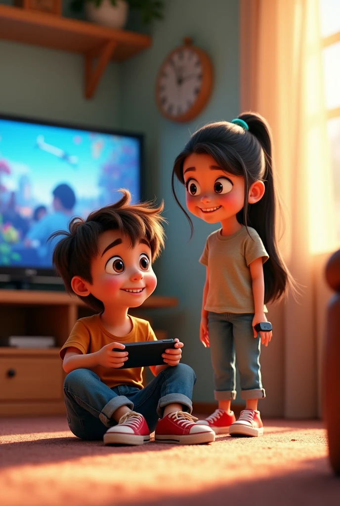 Pixar animation style
Lucas: A boy, messy brown hair, wearing a simple white t-shirt and worn blue jeans with red sneakers with an expression of wonder and excitement.
Valeria: A 1 girl, with freckles and long dark hair, tied back in a high ponytail; wearing a simple white t-shirt with a light blue denim jacket and tight light blue jeans (He wears a black smartwatch and turquoise wireless headphones.).
Setting: A cozy video game room, illuminated by natural light coming in through a window on the right. In the center, Lucas is sitting on the floor with an expression of wonder and excitement, holding a portable console while watching a commercial for the latest video game console on TV. Valeria is standing near the door, smiling kindly as she looks directly at Lucas. The environment should be vibrant, with warm colors that reflect Lucas' passion for video games.