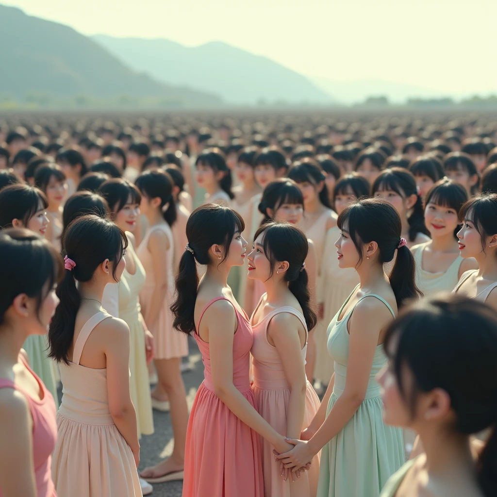 (((((Japanese Clone girls=Myself)))))), (((Best Super High quality Myself Clone girls Raw Photography Art))), (16K, Highest quality, Ultra-high resolution, RAW Photos), (((It's so unrealistic., With unparalleled depiction, With an unfathomable sight, An unprecedented and shocking worldview, Clone girls in a world of mass reproduction, Ultra-realistic))), (((Japanese, woman, 24yo, Ishihara Satomi))), (Small face, ((Thick black hair, Semi-long hair))), ((V-neck short-sleeve dress)), (((((Very detailed美しい女体, Accurate body structure, Very detailed完璧な, Super busty body with very large breasts, Clearly emphasizes cleavage))))), (((Dark Eyes, Mature face, Cute Smile, A gentle gaze))), (((Her happy and smiling expression is so cute))), ((((((((Very detailed分身増殖描写, ((1girl→Myself cloning→1,000,000,000,000,000,000,000,000,000,000,000,000,000,000,000,000,000,000,000,000Myself Clone girls)))))))))), ((((((((Very detailed, The precise depiction of the proliferation of Myself Clone girls, ((With the perfectly identical bodies of Myself clone girls, With the exact same face as the Myself clone girls, With the exact same hairstyle as the Myself clone girls, In the exact same clothes as the girls who are my clones, Perfectly the same height as the Myself clone girls, Super big breasts, just like the Myself clone girls)))))))))), (((Myself clone girls only))), (((Multiple pairs, Very detailed depiction, (Myself clone girls hug each other, Myself clone girls assemble, Fun conversations with fellow Myself clone girls, A fun conversation between Myself clone girls, Myself clone girls holding hands, Walking with lots of Myself clone girls)))), (((Everyone looks at the camera))), (((Unbelievably crowded, Transcendent Myself clone girls intimately, Countless Myself clone girls surround you in 360 degrees))), (Bright, soft sunlight), (((Very wide field of view, Very detailed, Detailed ultra-perspective depiction with clear depth, wide view))), (((((Landscape with a curved slope))))), (((Very photographic and detailed depiction, Myself clone girls will multiply infinitely and fill the surroundings from one side to the horizon with their bodies tightly packed together without any gaps., A scene of endless Myself clone girls and a fun atmosphere))), (Focus on the average value of the image)