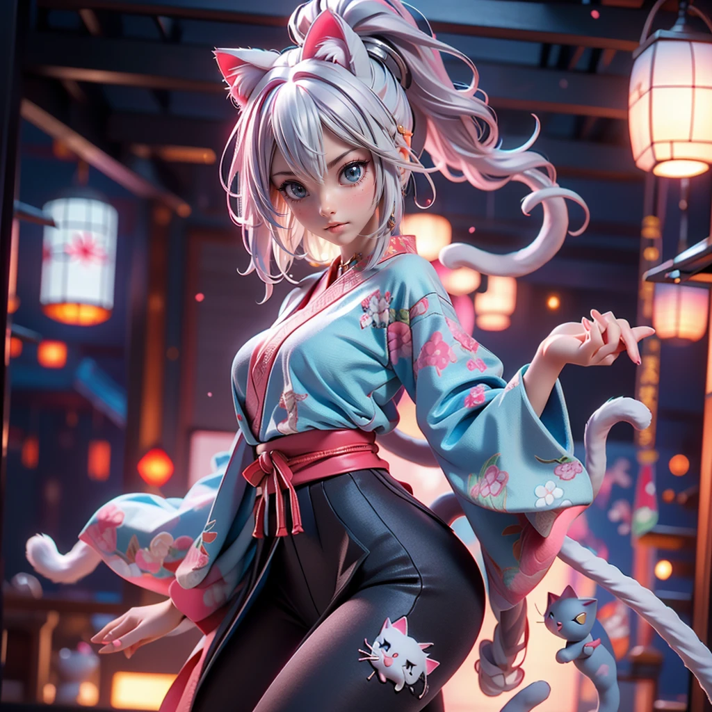 Leader of the righteous thieves, Moisturized Skin, (blue eyes), Realistic body, (Adult female body), Energetic, 3DCG, front, Pink lipstick, (Silver Hair), ((Cat ear)), Beautiful Hair, Long Hair, ponytail, Open the chest, See-through tights, Dressed in black and red, Honnoji no hen, Japanese sword, Great impact, ((masterpiece + Highest quality + High resolution + Very detailedな)), (whole body: 1.3), Perfect fingers, Perfect limbs, Anatomically correct, Textured skin, Very detailed, 