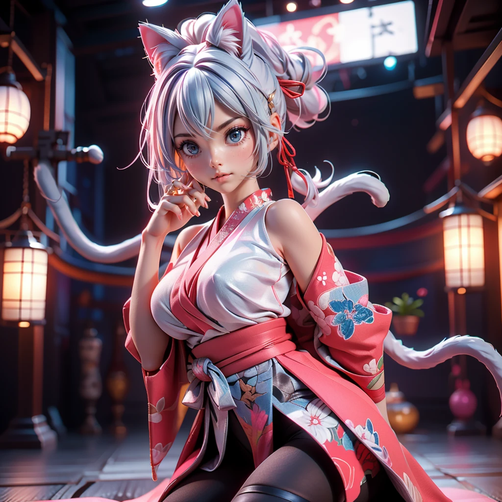Leader of the righteous thieves, Moisturized Skin, (blue eyes), Realistic body, (Adult female body), Energetic, 3DCG, front, Pink lipstick, (Silver Hair), ((Cat ear)), Beautiful Hair, Long Hair, ponytail, Open the chest, See-through tights, Dressed in black and red, Honnoji no hen, Japanese sword, Great impact, ((masterpiece + Highest quality + High resolution + Very detailedな)), (whole body: 1.3), Perfect fingers, Perfect limbs, Anatomically correct, Textured skin, Very detailed,