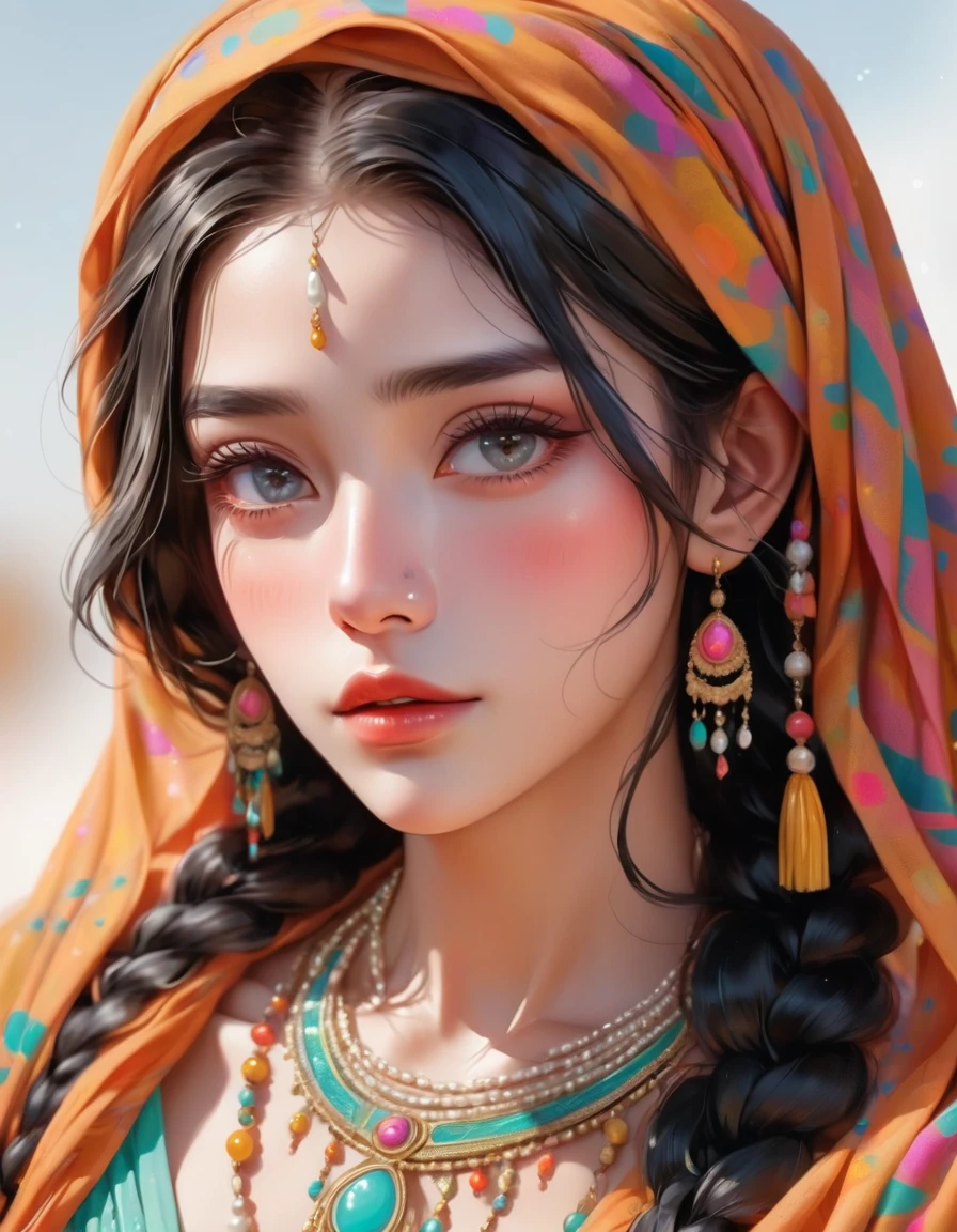 a beautiful young woman with flowing black hair, colorful braids, glossy hair, wearing a headscarf, a flowing shawl covering her face, ethnic minority features, delicate skin, beautiful facial features, intricate eye makeup, deep eyeshadow, light freckles, pearl necklace, shoulders, arms, ethnic minority clothing, flat design, digital illustration, minimalist, clean, fluid, (best quality,4k,8k,highres,masterpiece:1.2),ultra-detailed,(realistic,photorealistic,photo-realistic:1.37),portrait,vivid colors,soft lighting