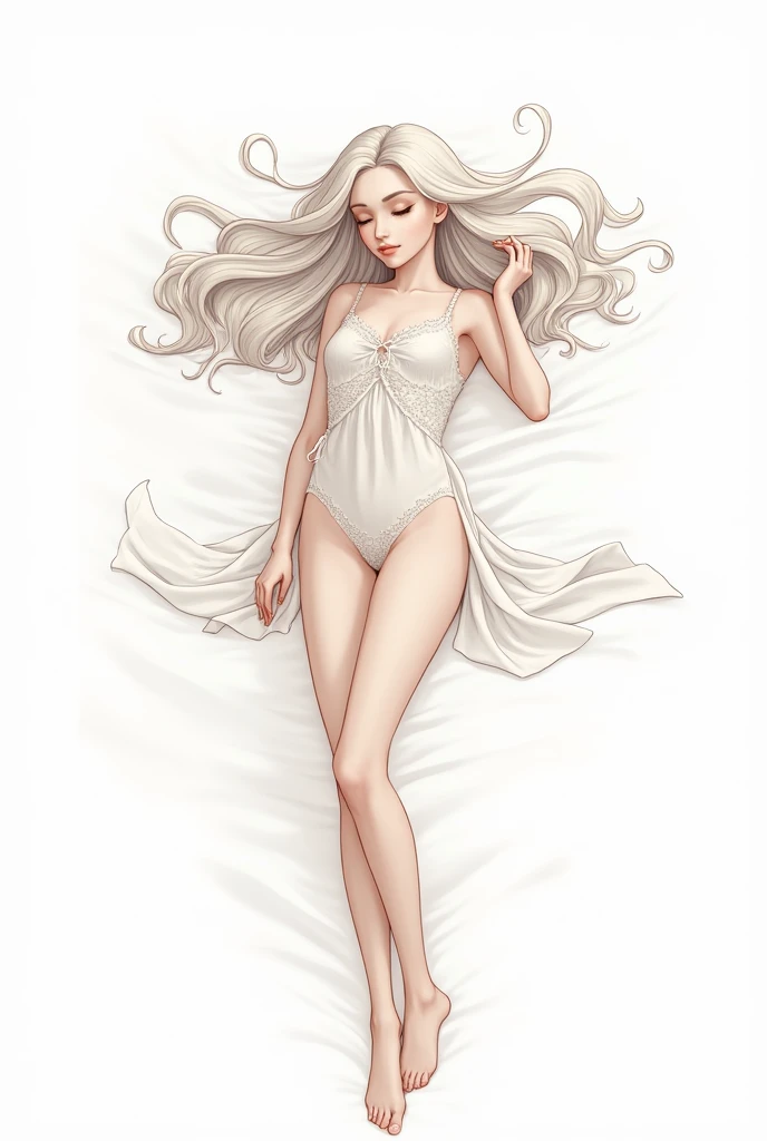Give me a white background image in the style of the skullgirls game, of a girl lying on her back facing forward as if she were looking at the sky