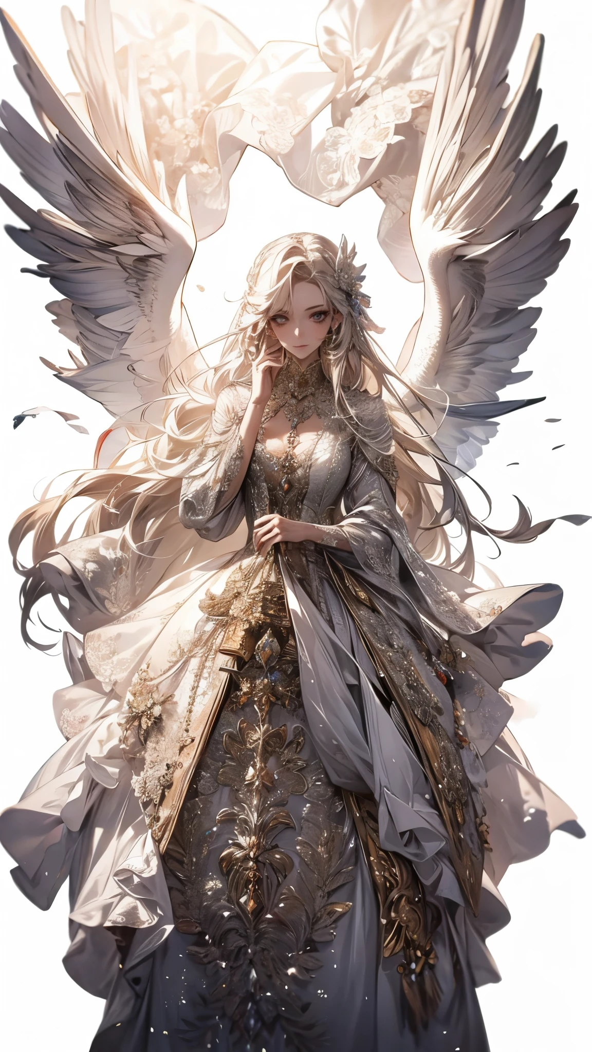 White clothes,wing, Very detailed, Floral clothes,Long Hair Girl, Female Magician