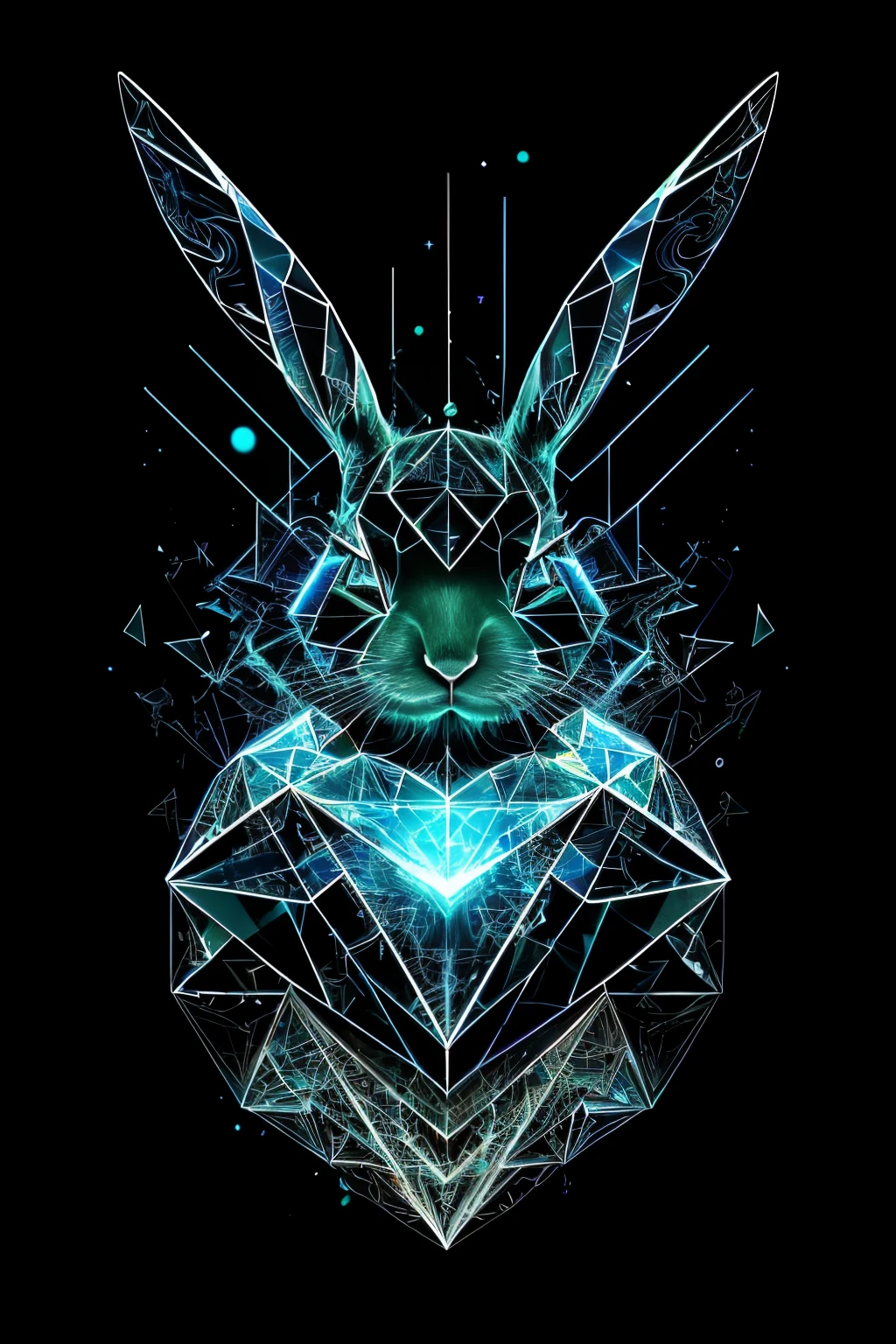 0mib Style,tshirt design,Cyberpunk White Rabbit,Prismatic Shards,Reflecting Fractal Circles,splashing ink,Melted handwriting,Particle vortices,Dramatic lighting,high quality, beautiful,masterpiece