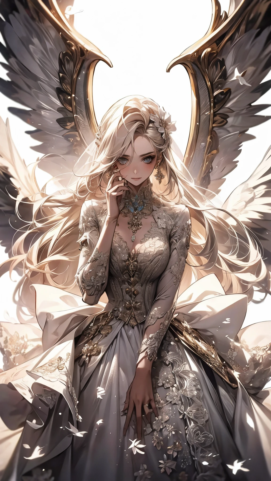 White clothes,wing, Very detailed, Floral clothes,Long Hair Girl, Female Magician
