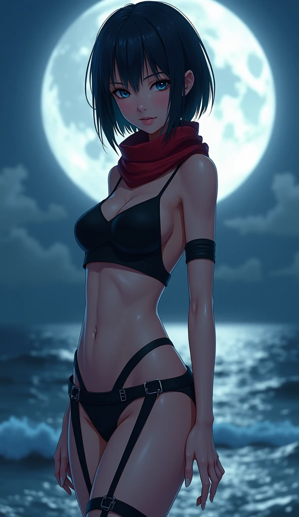 ((masterpiece, best quality, detailed)), (best quality, masterpiece:1.4), 8k, highres, highly detailed, intricate detail, majestic photo, anime, dynamic style, (1girl,solo, cute face,(high detailed skin:1.4), solo, punk style, cute face, shy, blush, (high detailed skin:1.4), medium punk hair, gorgeous hair, dark blue hair, mature girl, black lips, blue eyes, ass:1.1, parted lips:1.3, from behind, legs spread, ), bikini ( punk sexy, tight micro bikini, underboob, perfect body, oppai, glamorous, on a beach,), (rim lighting:1.3), (dark beach shore, very dark, darkness background, moonlight, (dark night:1.5), good hands, best hands ),