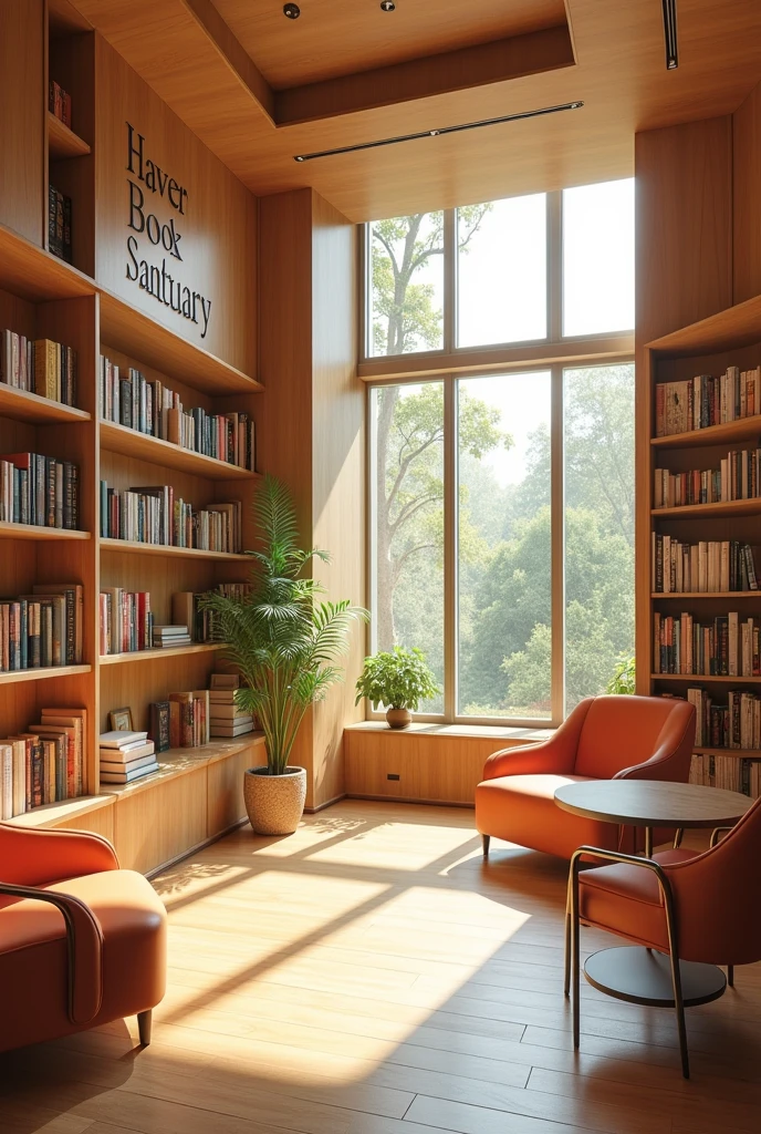 Interior building of a modern aesthetic and a light vibe of book shop emphasizing the name of the shop "Haven's Book Sanctuary."
