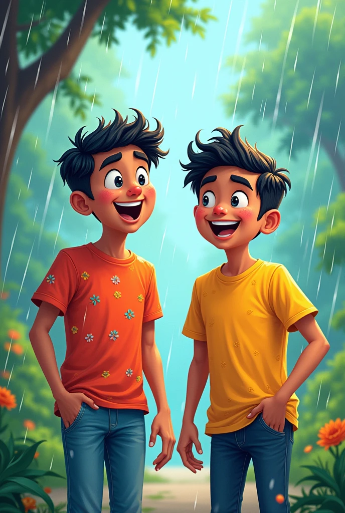 1 friends rnjoying the monsoon 1st boy name is yogesh his t shirt and another boy name is swarup his t shirt 2d cartoon front