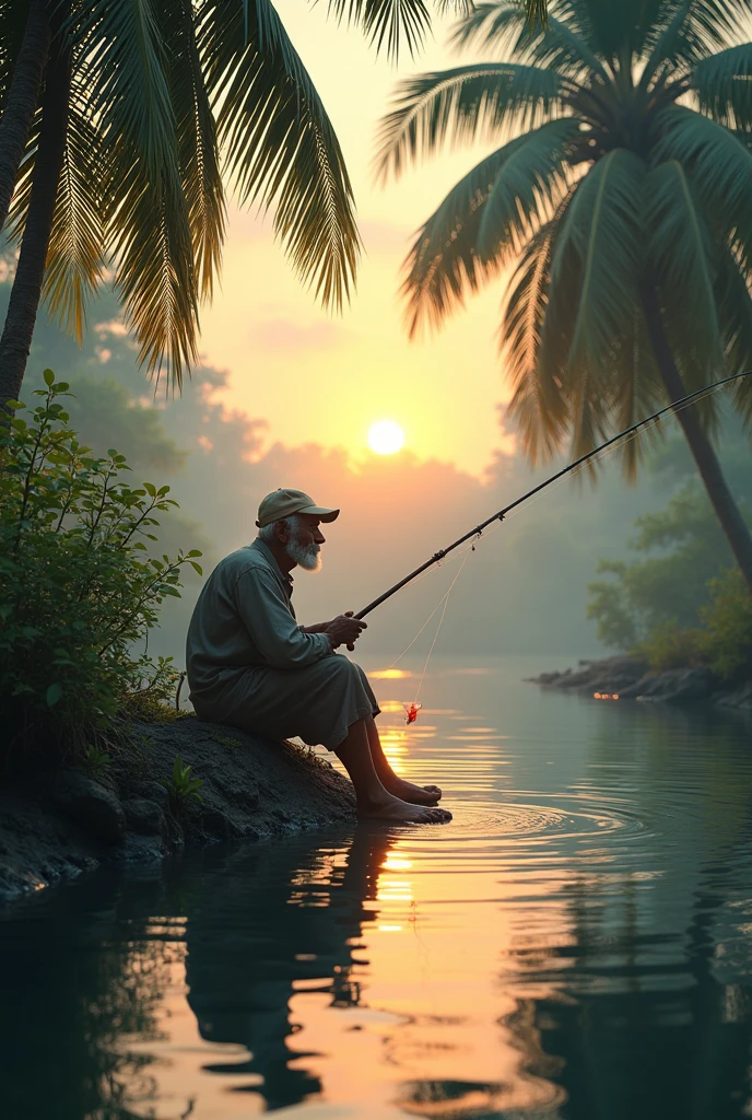 An old black man fishing in the lagoon.