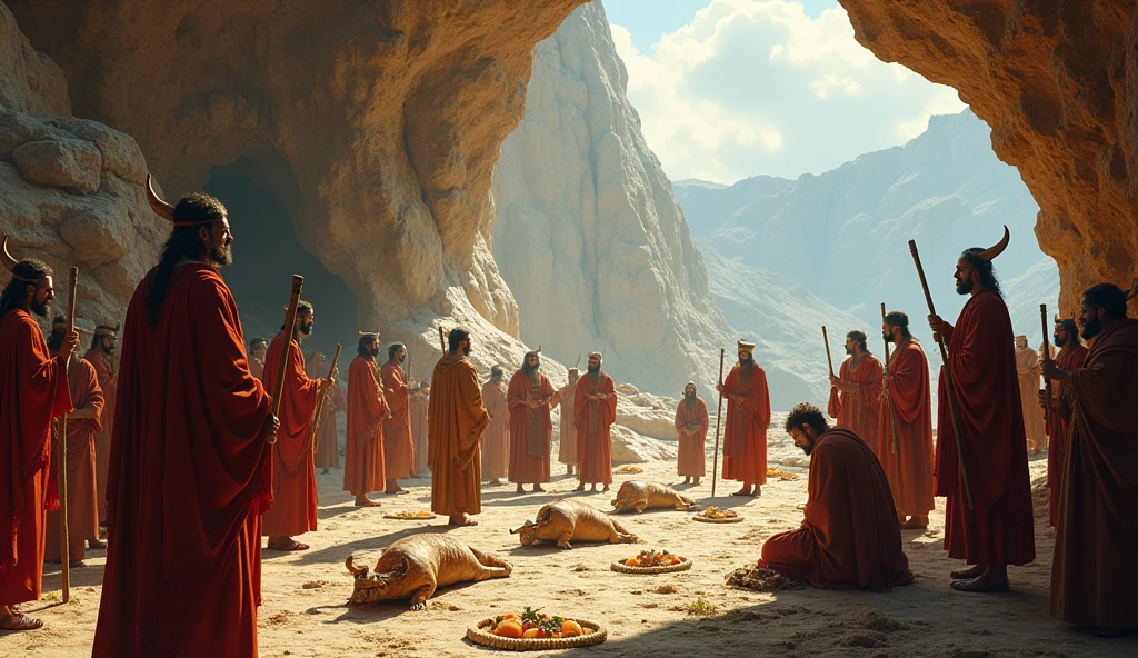 Illustrate a (((Minoan religious ceremony at a sacred site2))), such as a (((cave or mountain peak2))). Show priests performing animal sacrifices and offering food and votive objects. Capture the spiritual atmosphere and connection to the divine, with participants in [traditional dress] and sacred symbols all around.