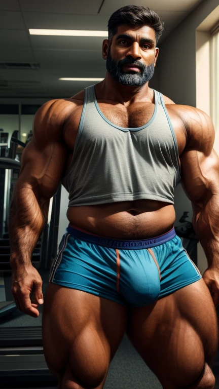 Handsome 40 years old Indian beared GURJAR man in loose gym tank and underwear, huge bulge, head to thigh, from front view, realistic, hd, hdr, detailed pictures, originality, head to thighs 