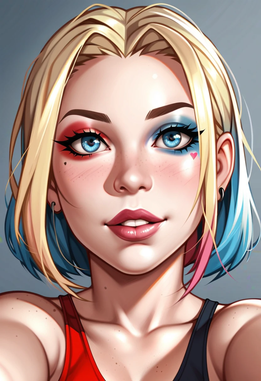 Create a selfie portrait mode of Harley Quinn, with beautiful lips, the most gorgeous dark blue eyes and straight blond hair. pink lipstick enhances her chapped lips, freckled face and a perfect thin nose adds to the beauty. It's early in the morning. Create the best portrait selfie ever. Shot with a 1. 4mm lens, sharp focus on eyes