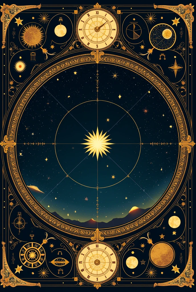 Create a star map illustration that represents the night sky on September 15, 2004. The design should be in a vintage, ornate style with intricate borders and celestial details, similar to a classical astronomical chart. Include a central bright star surrounded by various constellations and celestial bodies.
Add decorative elements like small maps, constellations, and symbols around the border. The background should be dark with a starry sky and intricate illustrations of the zodiac and other celestial motifs
Readable font /square image
Complete image without missing anything
Don't make it look conjusted
"Generate a vintage-style celestial illustration featuring a large, ornate circular frame with intricate, classical designs and smaller decorative elements, like clocks, globes, and architectural details, around the edges. In the center of the image, replace the current design with a depiction of the night sky over Jabalpur, India. Include a constellation focus within this circle, using thin, elegant lines to connect the stars. Ensure the constellations are clearly visible and aesthetically arranged, with subtle glowing dots for the stars.
Maintain the overall theme with a dark background and gold accents, highlighting the beauty of the constellations without overwhelming the design. Keep the outer frame rich in detail, with celestial motifs such as sun rays, moon phases, and star maps, ensuring a cohesive and visually captivating composition.
Readable fonts
Connection the star zodiac thing and use dot (bit sparkly) to represent moon or use moon sign
Make is look more aesthetic (Hindu reference optionally)
This image is all about 15 sep 2004 (my boyfriend's birthday)