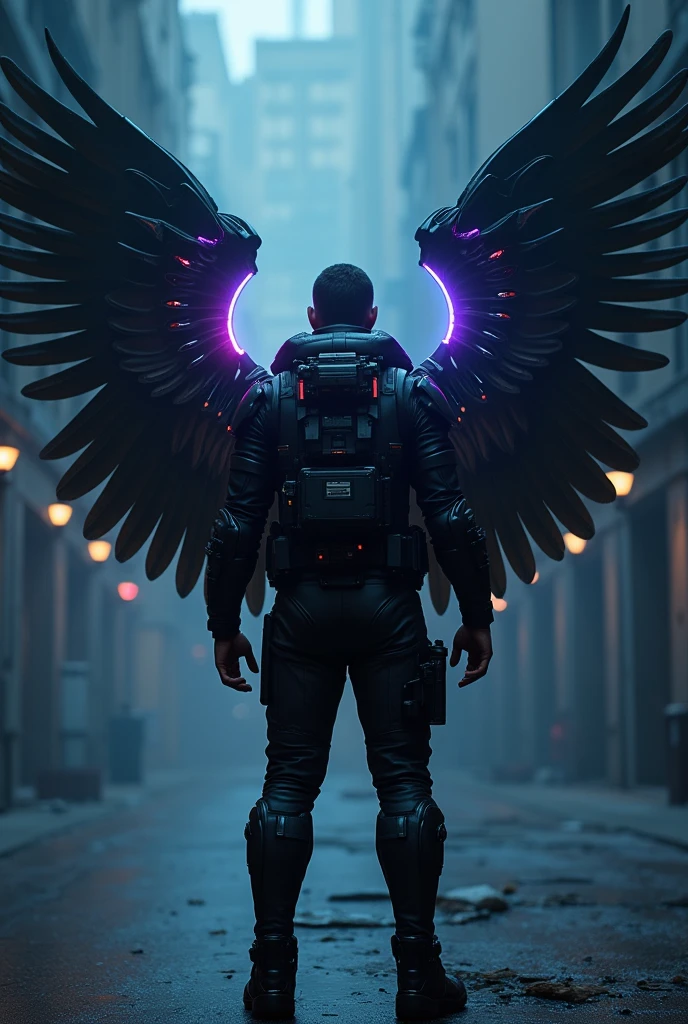 A man stands with his back to the viewer, dressed in futuristic tactical gear. His outfit is a mix of modern tank designs and high-tech elements, mainly in black, with purple accents, silver, neon blau, and red. On his back, he has mechanical wings made of shiny metal, adorned with neon lights that glow in blue and red. The wings are elaborately designed, with a touch of futuristic technology. The man is wearing a hood, which is pulled low over his head, keeping his face hidden in the shadow. The scene is dark and mysterious, with a slightly futuristic shimmer from the neon lights. The wings are reminiscent of angel wings and are retracted. The wings are bigger than the man