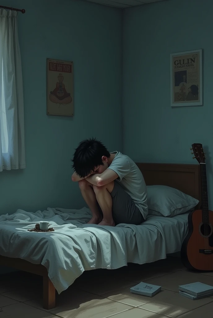 Depression boy hanging in his room