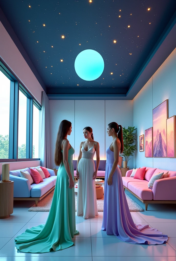 [Lighting: Soft natural light with reflective highlights from futuristic decor] [Camera: Wide-angle shot focusing on the group of women and the space-themed living room] [Resolution: 4k, hyper-realistic with vivid details and smooth textures] [Style: Chic futurism, cool pastels, sleek and elegant] [Inspiration: Space-themed interiors, Modern luxury fashion, Elegant group dynamics]. A photorealistic 4K depiction of an adult living room, transformed with a space-themed aesthetic inspired by a STEM classroom. The room features modern furniture with clean lines in pastel hues of lavender, mint green, and sky blue. The walls are decorated with abstract space-themed murals, including planets, rockets, and stars, while the ceiling is a deep navy blue with tiny, glowing stars. A group of sophisticated women is gathered in the room, each dressed in futuristic-inspired fashion—such as flowing gowns in space-themed colors, sleek jumpsuits, and metallic accessories. The camera captures the entire scene with a wide-angle lens, focusing on the intricate details of the decor and the women's stylish outfits, with soft lighting that enhances the room's modern, luxurious feel.
