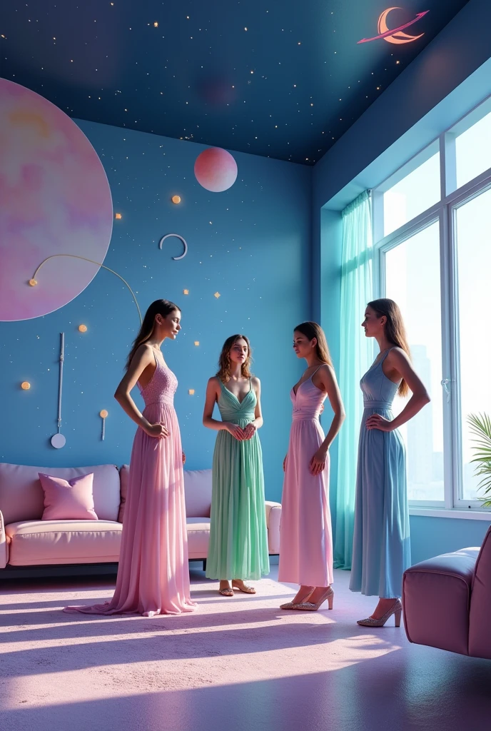 [Lighting: Soft natural light with reflective highlights from futuristic decor] [Camera: Wide-angle shot focusing on the group of women and the space-themed living room] [Resolution: 4k, hyper-realistic with vivid details and smooth textures] [Style: Chic futurism, cool pastels, sleek and elegant] [Inspiration: Space-themed interiors, Modern luxury fashion, Elegant group dynamics]. A photorealistic 4K depiction of an adult living room, transformed with a space-themed aesthetic inspired by a STEM classroom. The room features modern furniture with clean lines in pastel hues of lavender, mint green, and sky blue. The walls are decorated with abstract space-themed murals, including planets, rockets, and stars, while the ceiling is a deep navy blue with tiny, glowing stars. A group of sophisticated women is gathered in the room, each dressed in futuristic-inspired fashion—such as flowing gowns in space-themed colors, sleek jumpsuits, and metallic accessories. The camera captures the entire scene with a wide-angle lens, focusing on the intricate details of the decor and the women's stylish outfits, with soft lighting that enhances the room's modern, luxurious feel.
