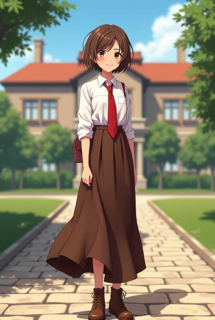 1 flat chested cute girl ,16 years, Tomboy , Short brown hair, brown eyeswhite uniform shirt, Red tie, brown maxi skirt, boots, free pose, looking at the camera, nice smile, stands on a cobblestone path to the main building of the girls&#39; academy in the background