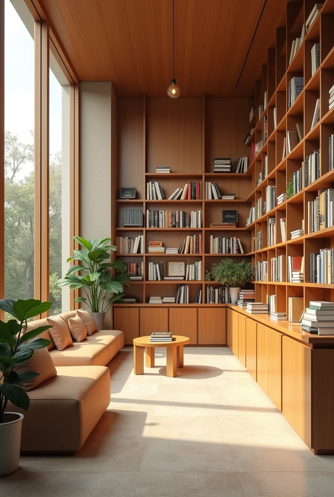 Interior building of a modern aesthetic and a light vibe of book shop emphasizing the name of the shop "Haven's Book Sanctuary."