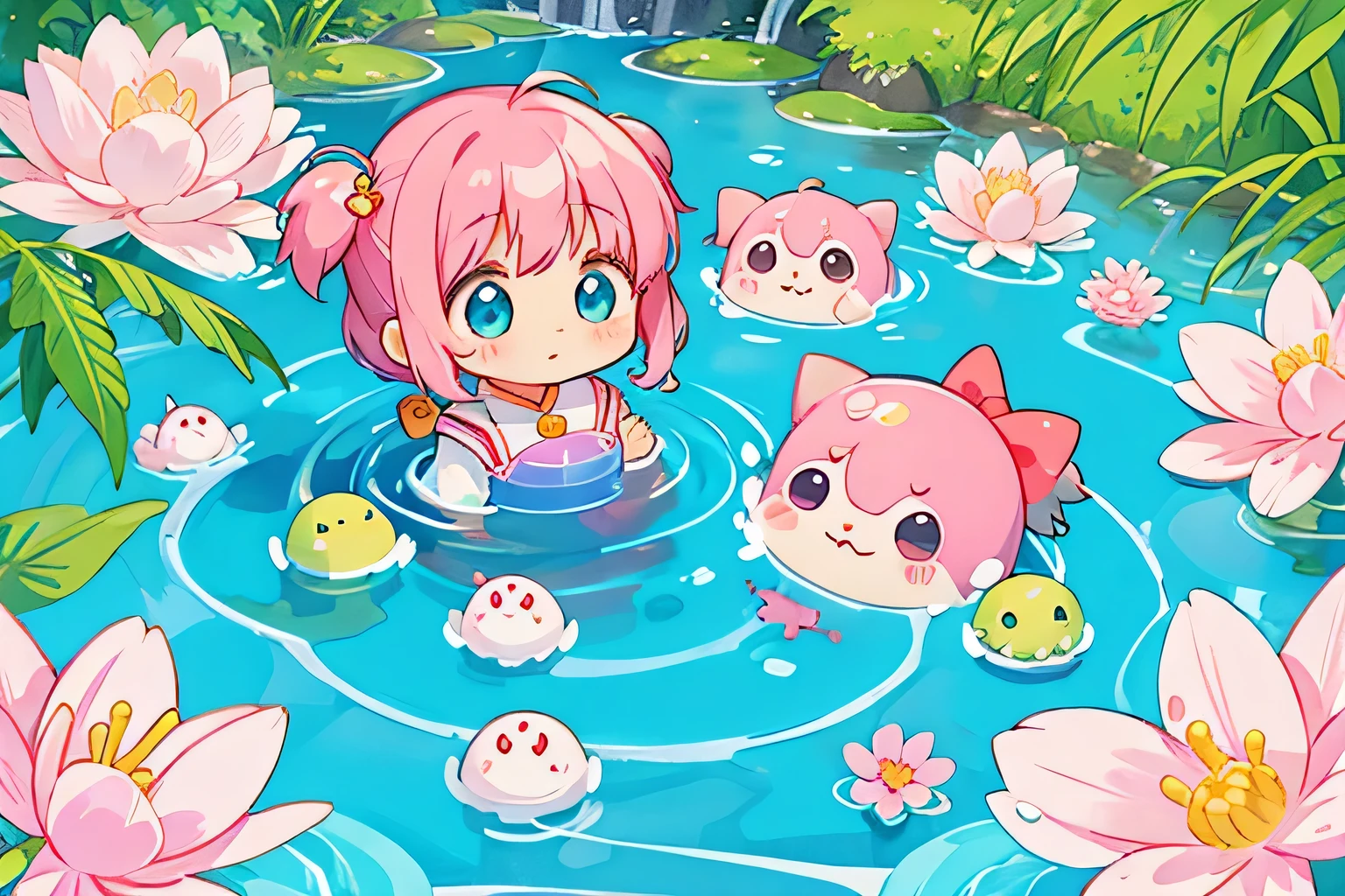 Momoko Sakura colorful style, Kawaii Design, solo, most beautiful girl ever、chibi, (((Water Play))), Cute Aliens

