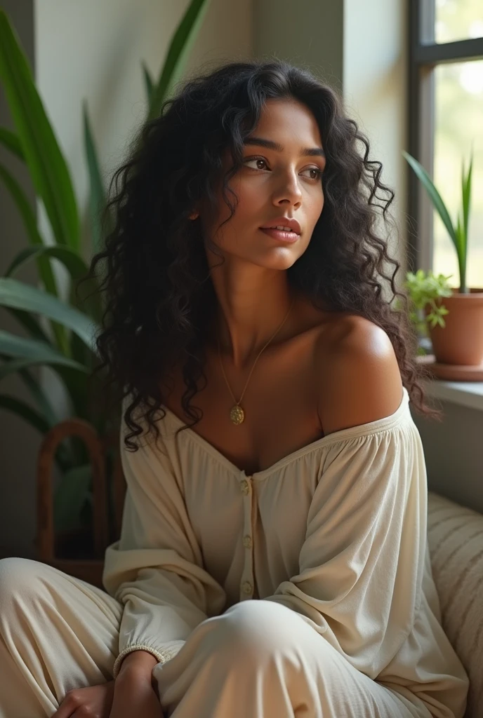 (photorealism:1.2), beautiful Indian woman,white skin tone sitting near a river, wearing loose off-shoulder top, pajama pants, long curly hair, indoors, soft lighting, plants in background, window with sunlight, cozy room, relaxed pose, realistic, intricate details, cool colors