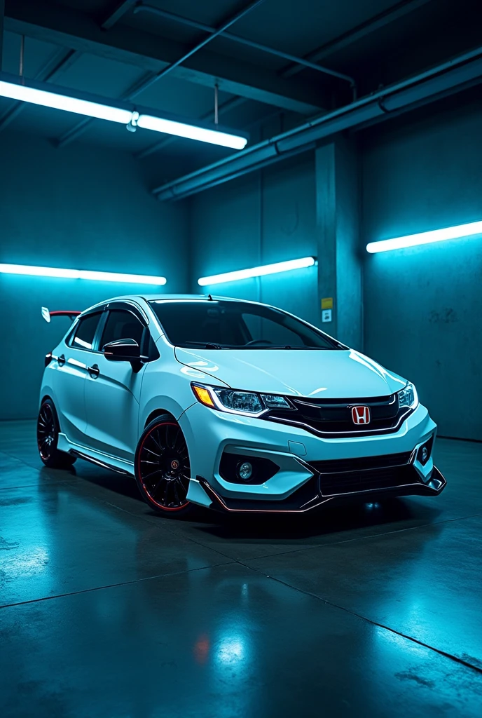 white Honda Brio modified in the black garage with blue neon light, 4k 