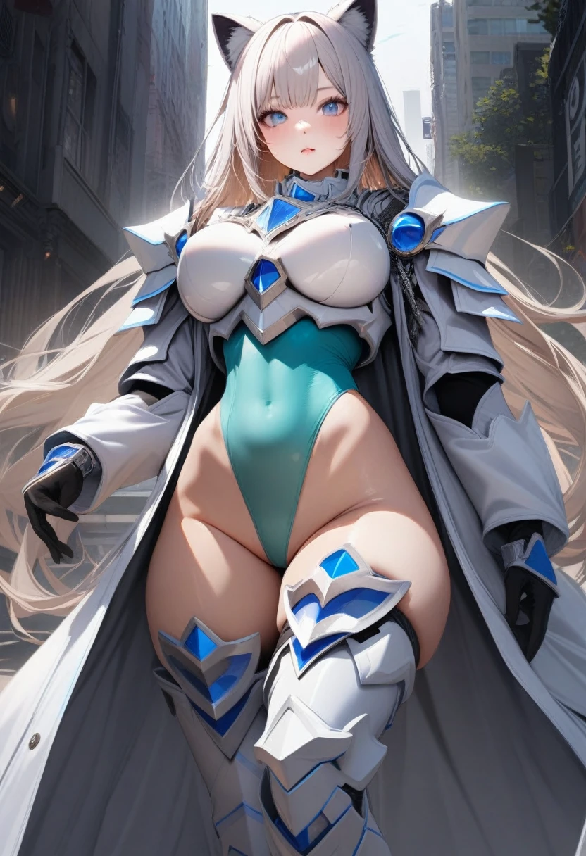 ((solo)), 1girl, ((white white paladin armor: 1.2)), ((Waist cloak, long coat: 1.3)), (skin-tight high leg groin area), platinum blonde long hair, large saggy breasts, Perfect and beautiful blue eyes, curvy,Skin-tight light green leotard, Thigh-high socks, Cat ears, ((UHD)), ((masterpiece)), hyperrealistic, cowboy shot, anatomically correct, accurate, high quality, extremely detailed,