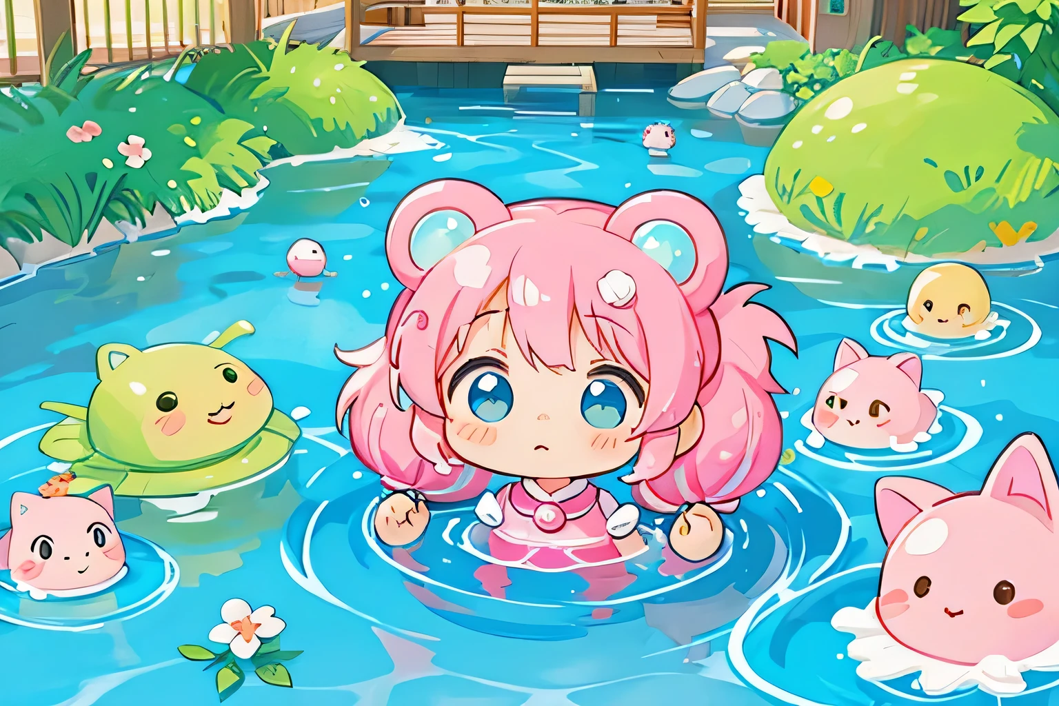 Momoko Sakura colorful style, Kawaii Design, solo, most beautiful girl ever、chibi, (((Water Play))), Cute Aliens