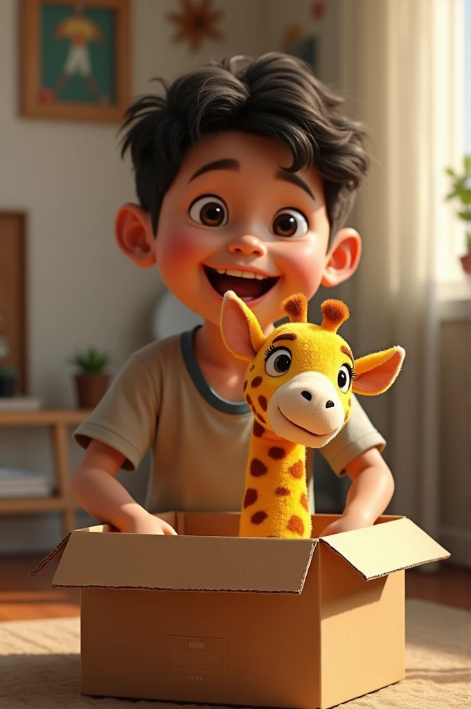  Latino boy opening a cardboard box and taking out a Pixar-style plush giraffe 