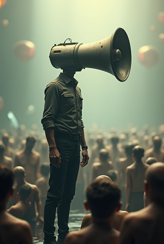 Man with megaphone head and surreal audience