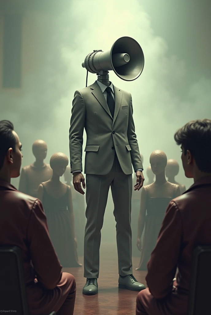 Man with megaphone head and surreal audience