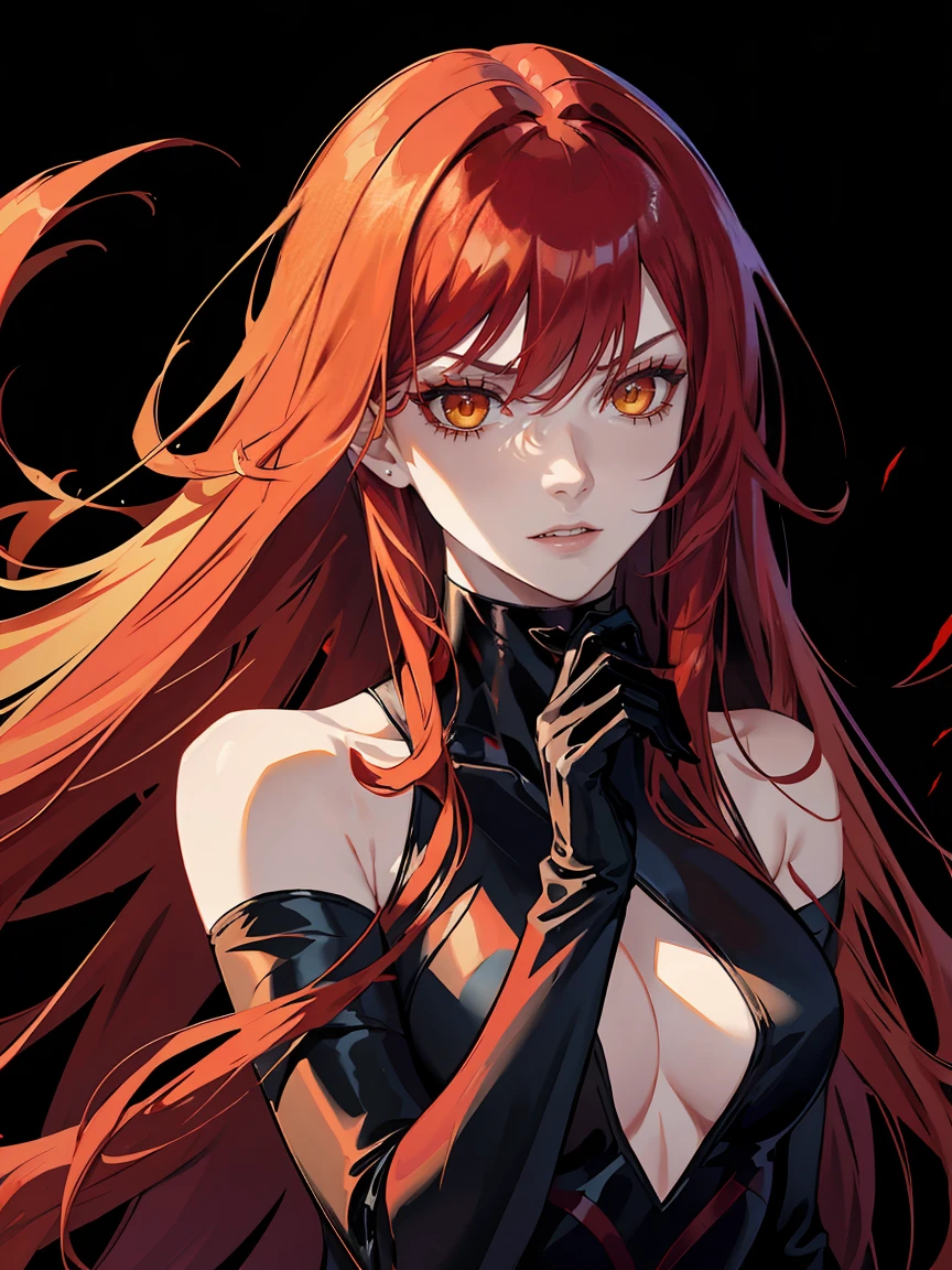 Long red hair, yellow eyes, evil, sexy, black and red clothes, cute hairstyle, evil face, evil, serious look, gloss lips, sinister, front look, bloody, gloves, (((half-body portrait))), beautiful eyes, short dress, big white, dark place, night, sensual, straight hair cut, clear skin, evil, young 30 years girl, adult girl, solo, red, very long hair, (((Older mature woman)))