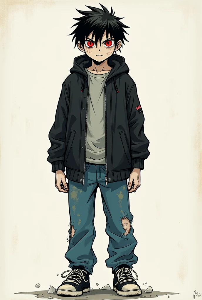 Can you make a manga style sketch of a character if I leave you the characteristics??
Description of the Protagonist Height: 1,78 m Build: Thin and somewhat unkempt, with signs of malnutrition.
face: oval, with traits marked by a lack of personal care.
eyes: red, which can give it a disturbing and exotic air.
canine fangs: Highly developed, standing out more than usual.
scars: Noticeable on the wrists, that could suggest stories of suffering or struggle.
CLOTHES:
jacket: black, worn and possibly dirty, found in the trash.
pants: sports, deep blue, tight on the legs but with holes, which indicates extensive use and little care.
shoes: sports, black, also used and in poor condition. the character is human